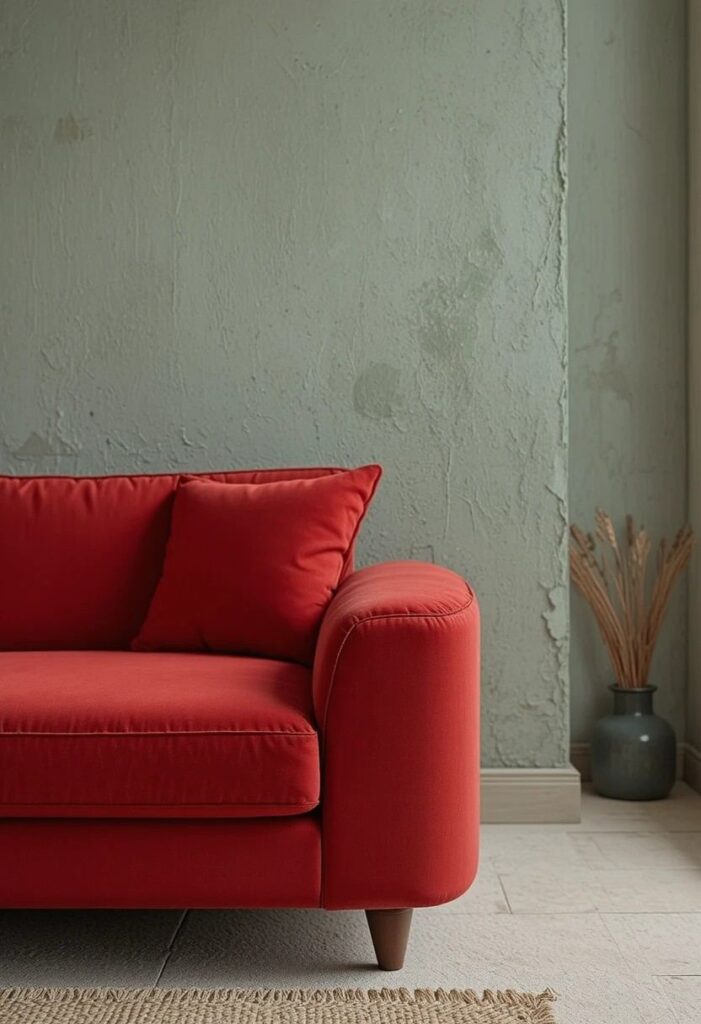 Red couch living room with simple soft wall color
