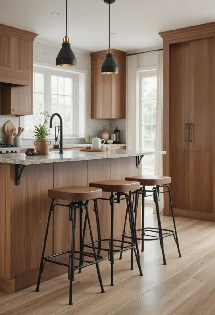 Two tone bar stools mixing wood seats with black metal legs

